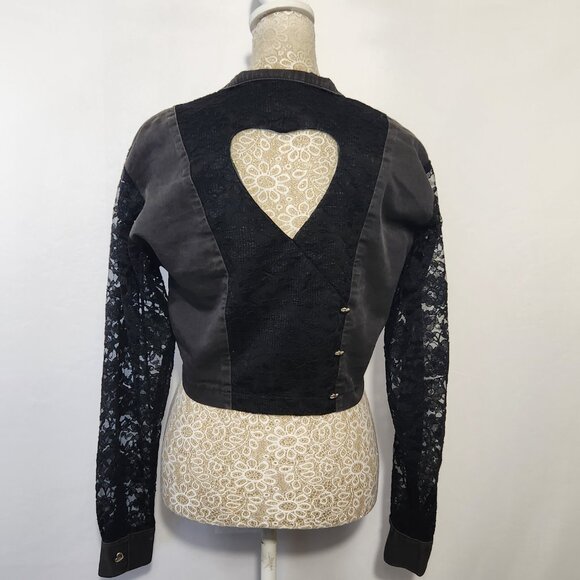 Banjo Dallas TX Women's Size Small Black Denim & Lace Long Sleeve Crop Top Goth - Picture 10 of 16